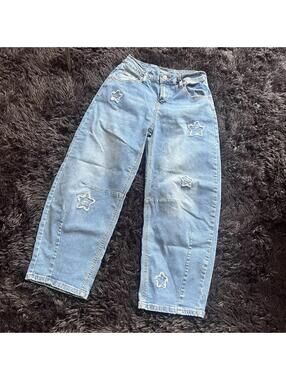Sidefeel Star Patch Distressed Jeans Light Wash Baggy Wide Leg Denim Size 6 Y2K